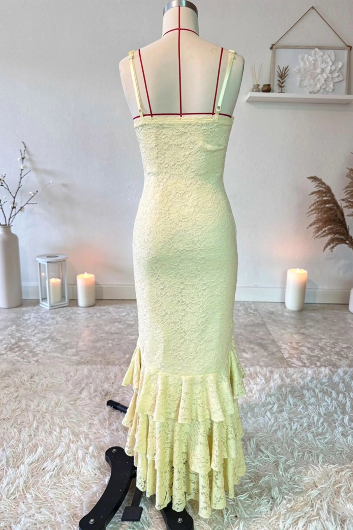 Irregular Ruffled Lace Patchwork High Slit Slip Maxi Dress - Yellow Flowering Girl