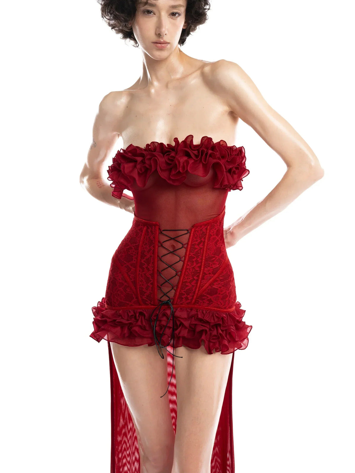 anna 3d flower lace strapless mini Dress in Red Flowering Girl