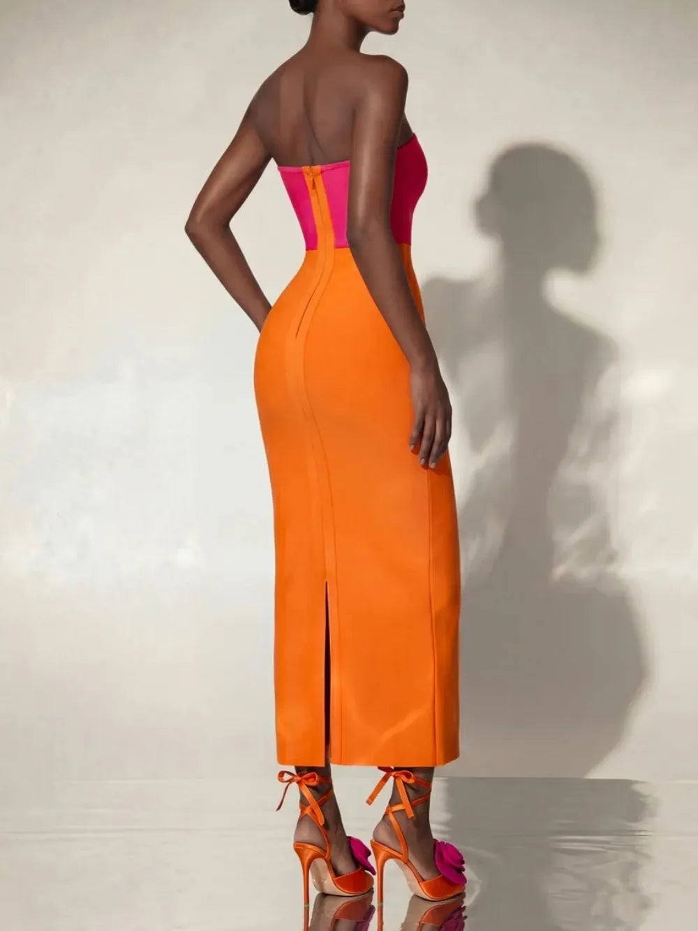 Caldren Strapless Flower Bandage Midi Dress In Orange Flowering Girl