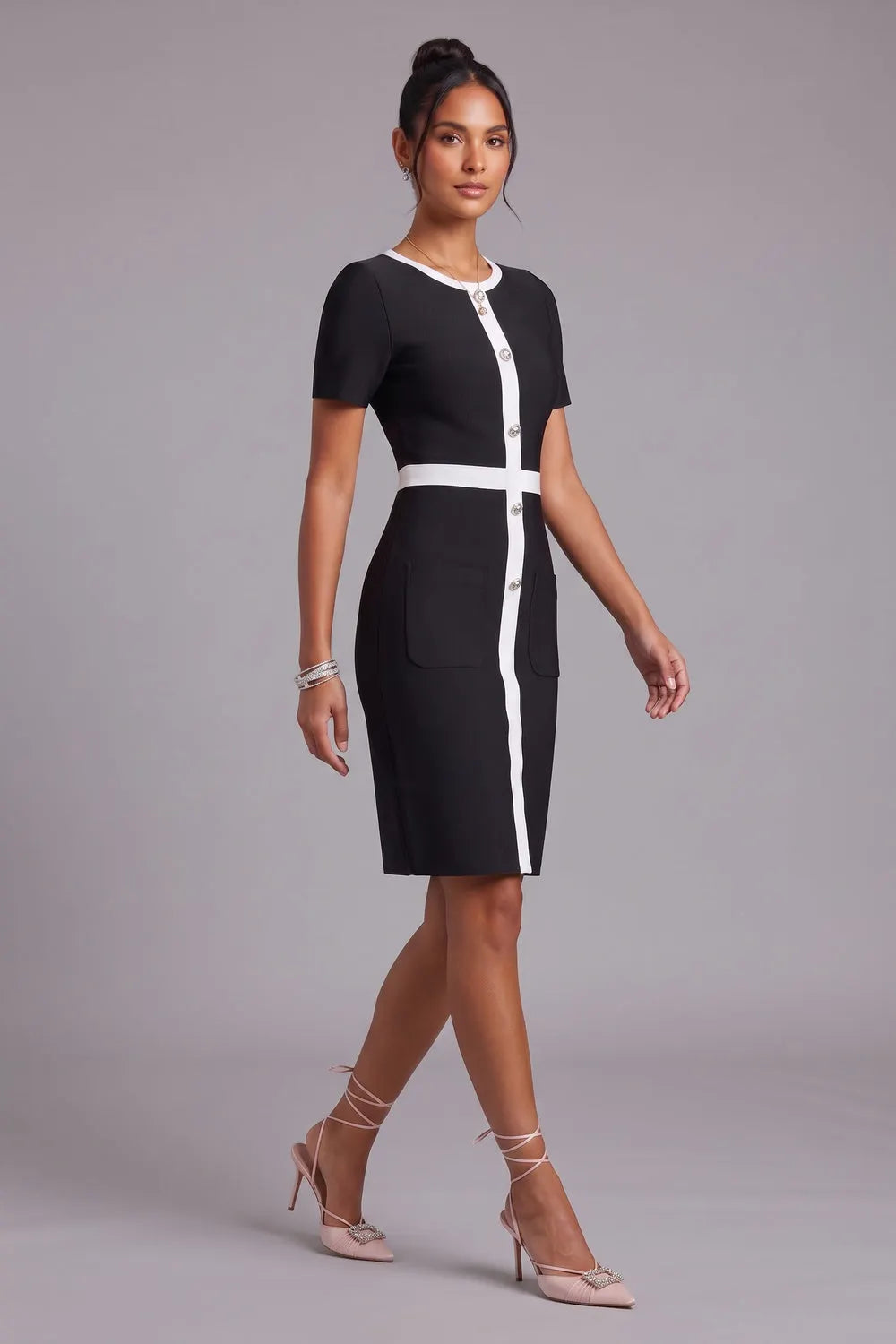 Black Dress with White Contrast Paneling Flowering Girl