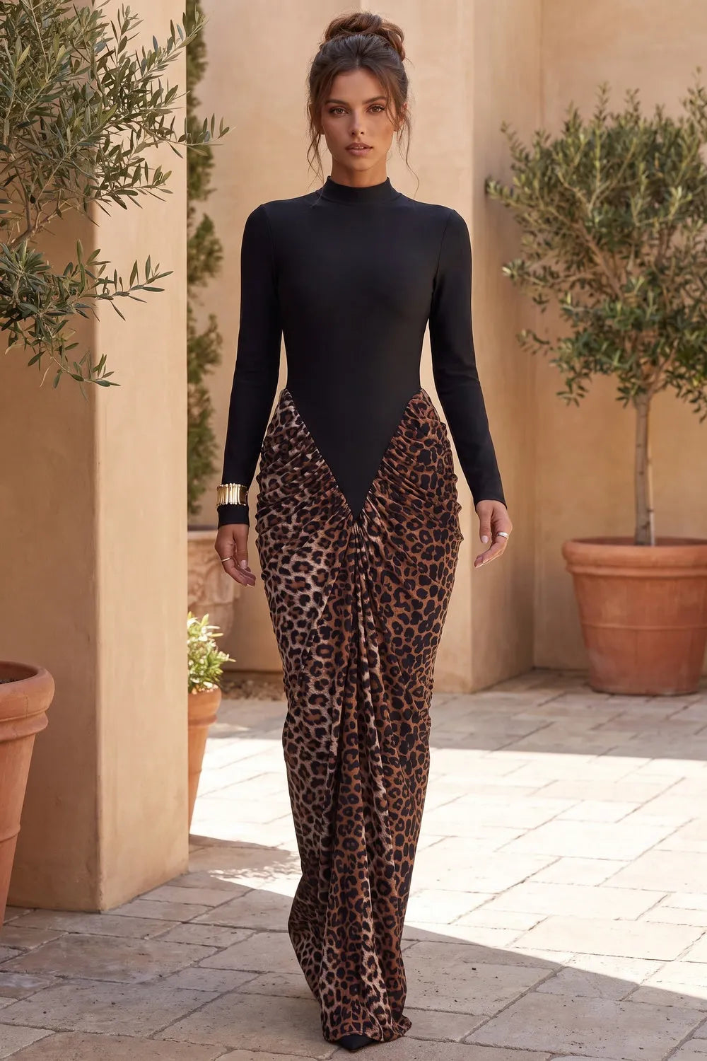 Black Matte Stretch Knit Maxi Dress with Leopard Print Draped Skirt Flowering Girl