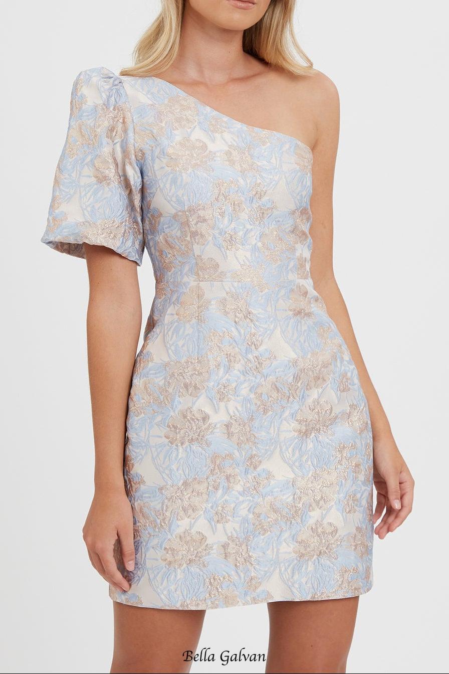 one-shoulder jacquard mini dress in blue-multi Flowering Girl