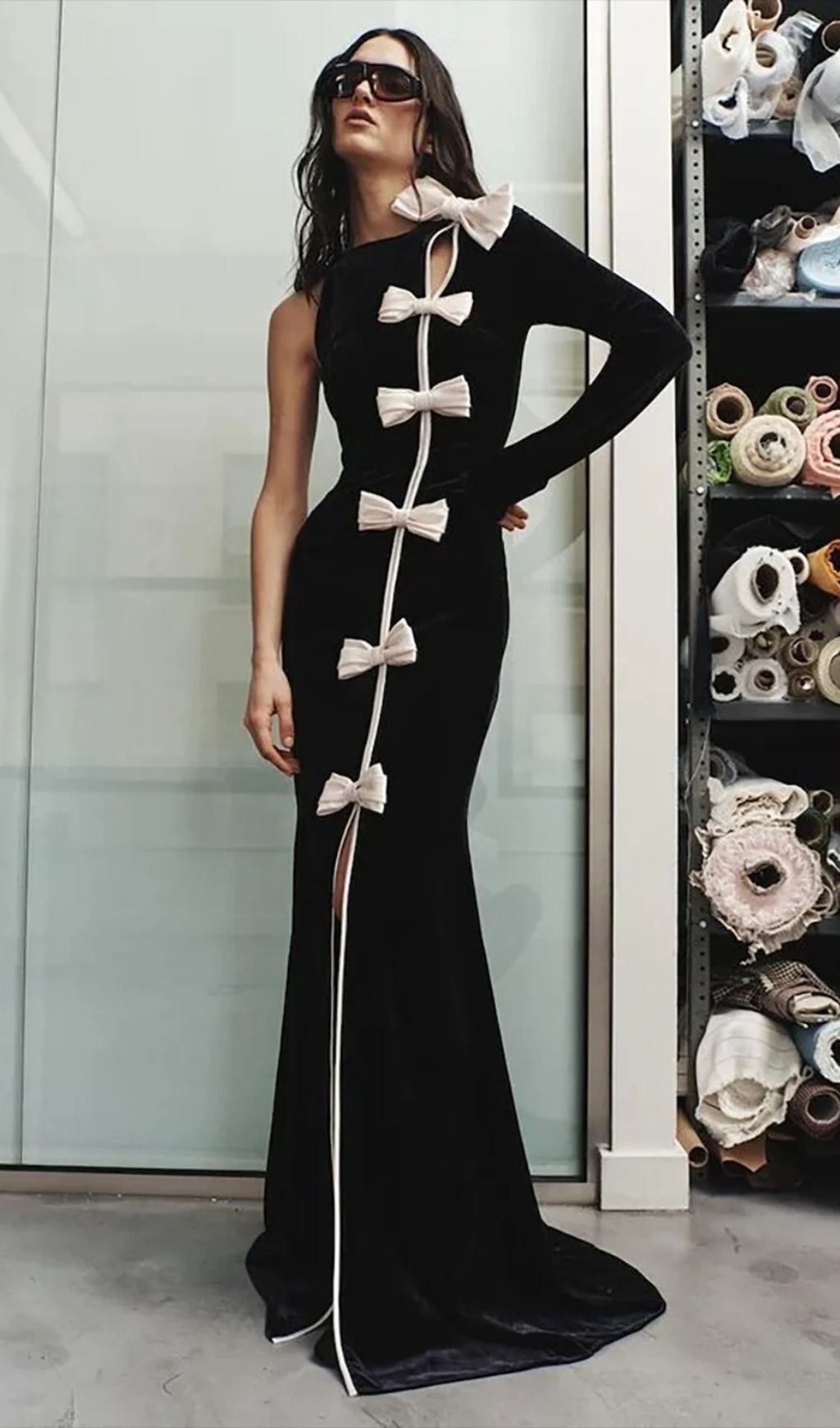 Joyce Black One Sleeve Bow Maxi Velvet Dress Flowering Girl