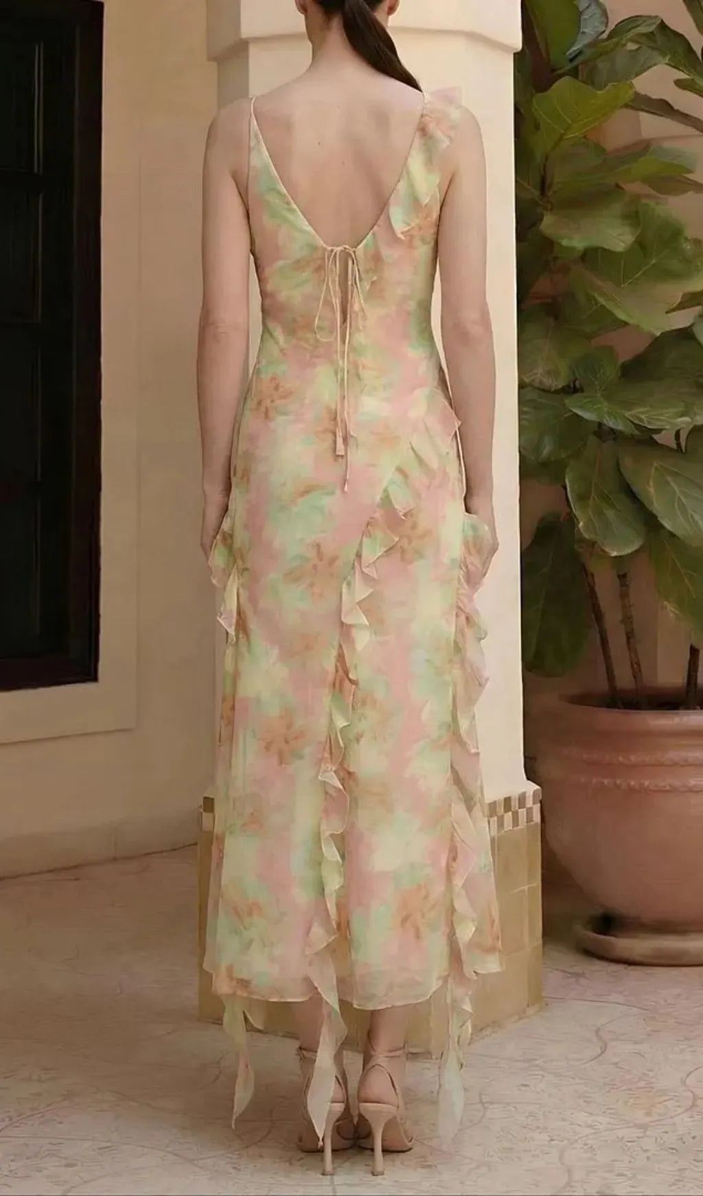 Jessie Tie Dye V-Neck Ruffle Tie-Up Midi Dress Flowering Girl