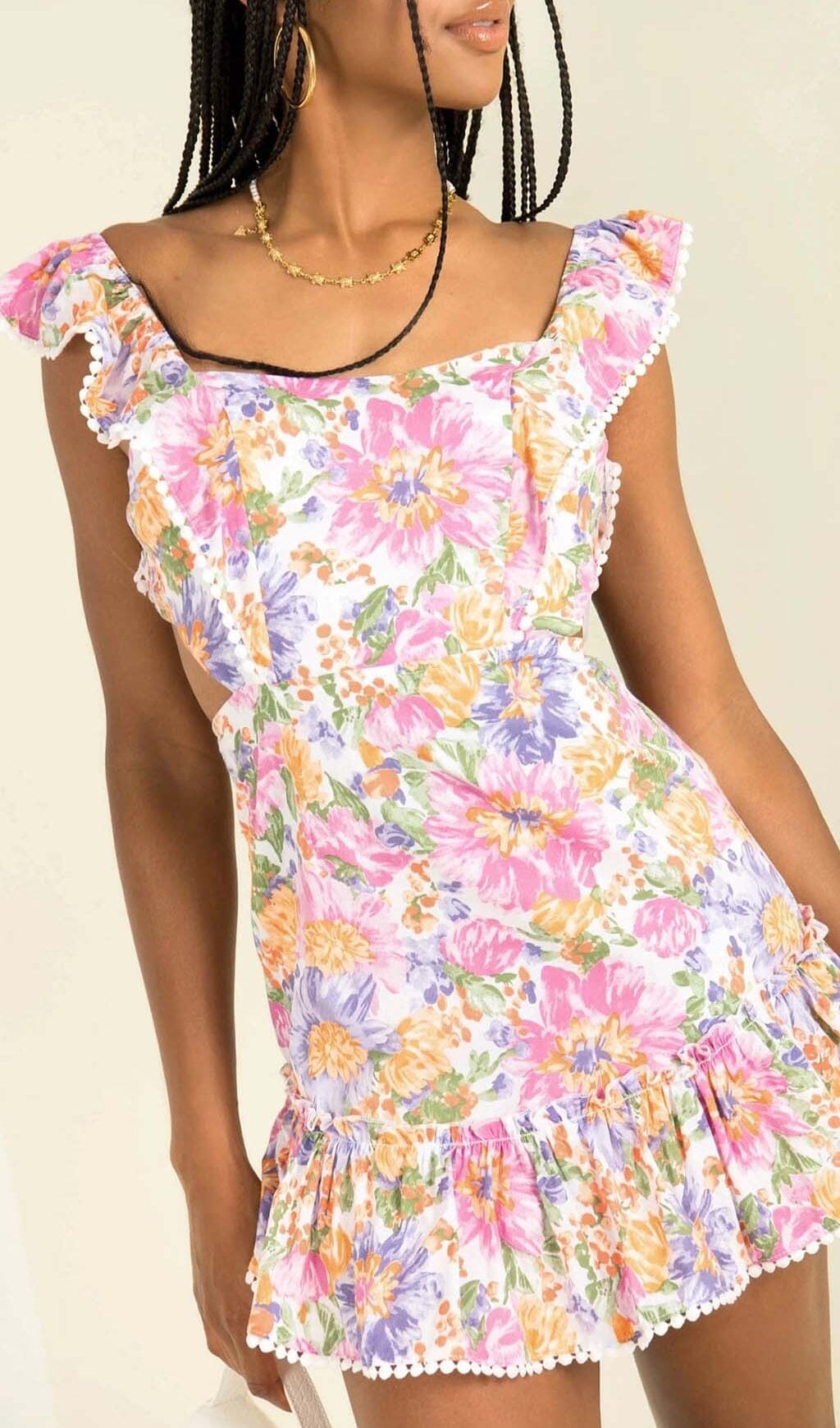 Square Neck Floral Ruffled Mini Dress In Pink Flowering Girl