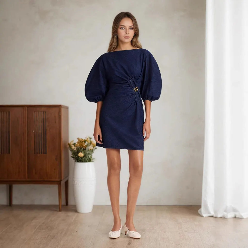 Dark Denim Boat Neck Puff Sleeve Side Ruched Gold Button Mini Dress Flowering Girl