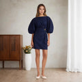 Dark Denim Boat Neck Puff Sleeve Side Ruched Gold Button Mini Dress Flowering Girl