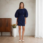 Dark Denim Boat Neck Puff Sleeve Side Ruched Gold Button Mini Dress Flowering Girl