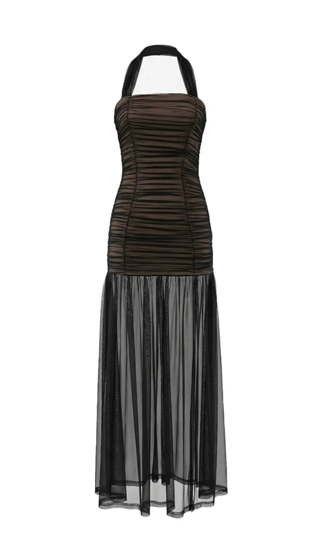 Jadzia Black Halter Ruched Mesh Maxi Dress Flowering Girl