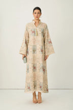 Cream Horse Patchwork Print Stand Collar Bell Sleeve Long Kaftan Dress Flowering Girl