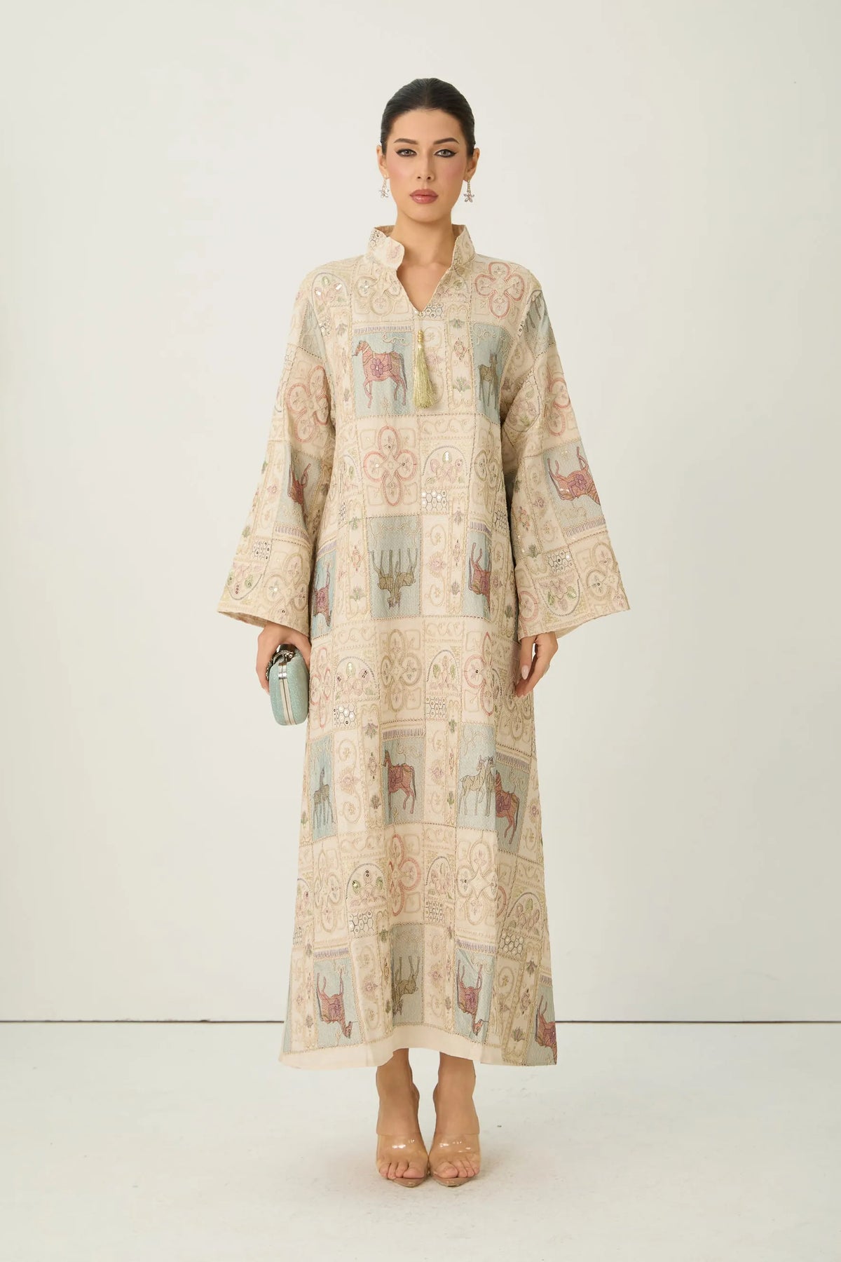 Cream Horse Patchwork Print Stand Collar Bell Sleeve Long Kaftan Dress Flowering Girl