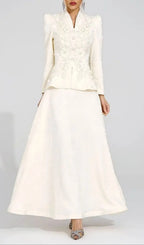Sabrina Floral Embroidered Coat Maxi Skirt Set - Apricot Flowering Girl