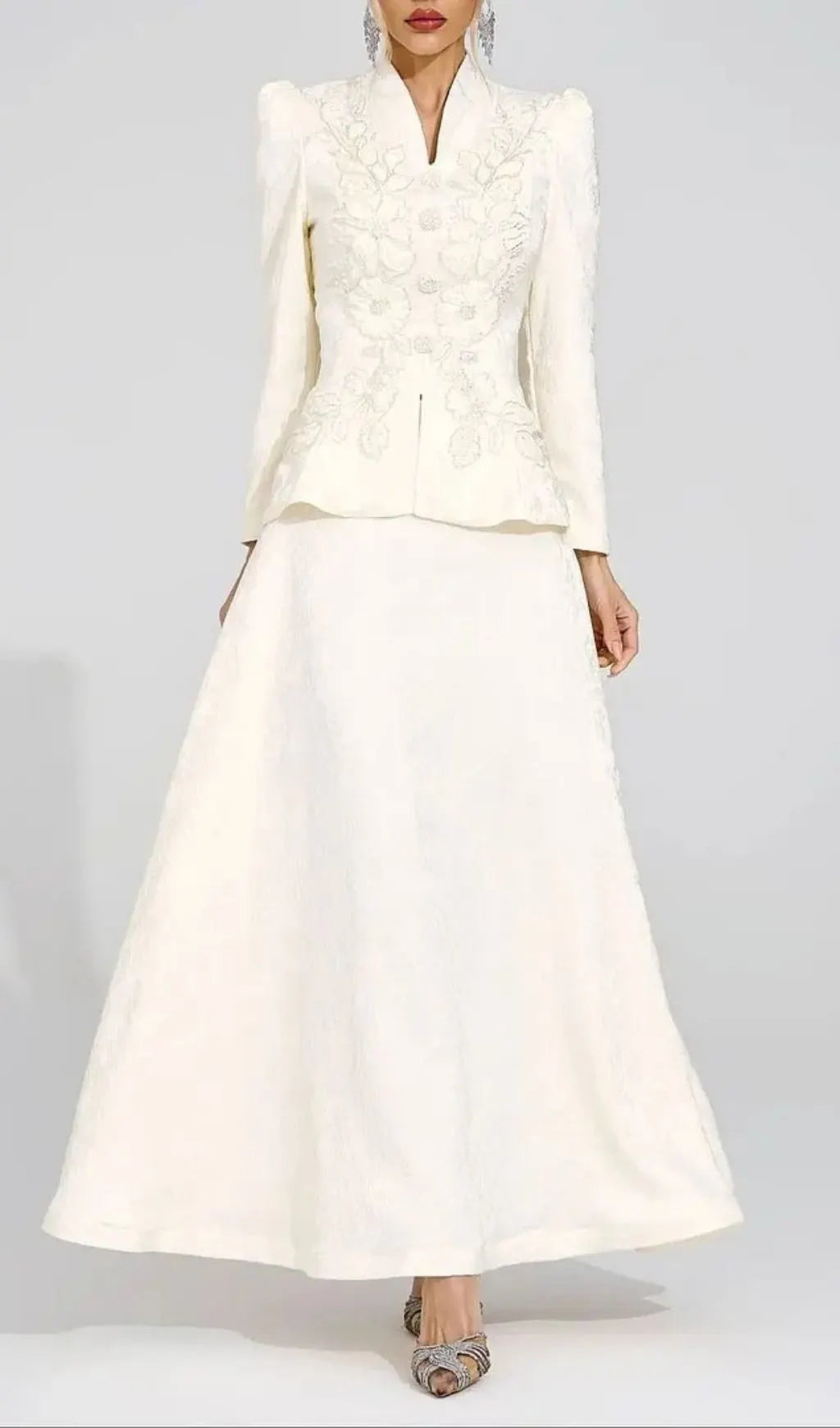 Sabrina Floral Embroidered Coat Maxi Skirt Set - Apricot Flowering Girl