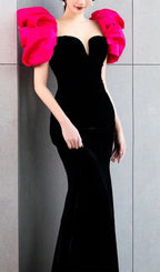 Red Puff Sleeve Black Maxi Dress Flowering Girl