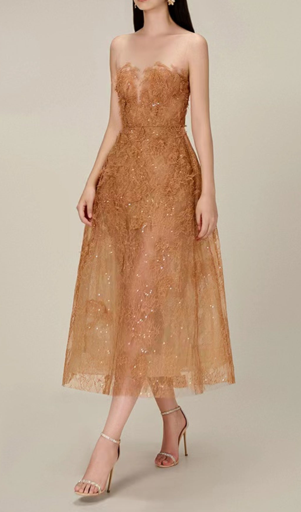 CARAMEL FLORAL LACE EMBROIDER MIDI DRESS Flowering Girl