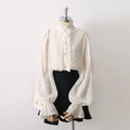 Ruffled Stand Collar Pearl Button Lantern Long Sleeve Textured Blouse Flowering Girl