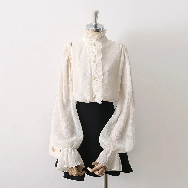Ruffled Stand Collar Pearl Button Lantern Long Sleeve Textured Blouse Flowering Girl