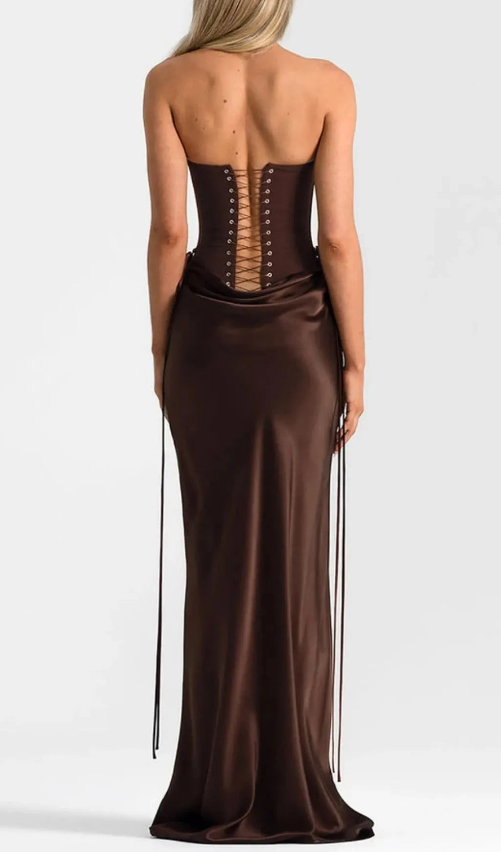 Beatrix Strapless Corset Satin Maxi Dress - Brown Flowering Girl