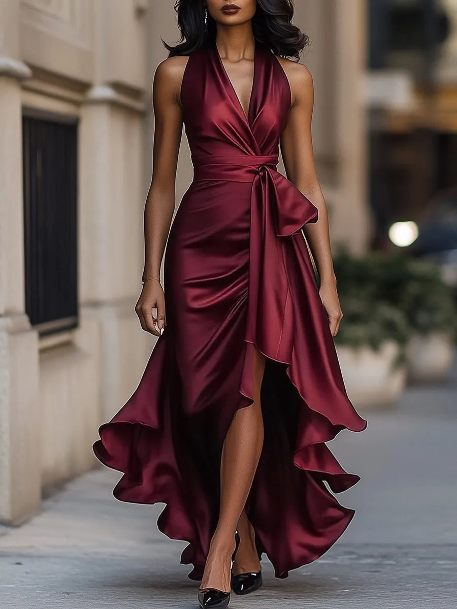 Midnight Elegance Satin Halter Ruffle Gown Flowering Girl