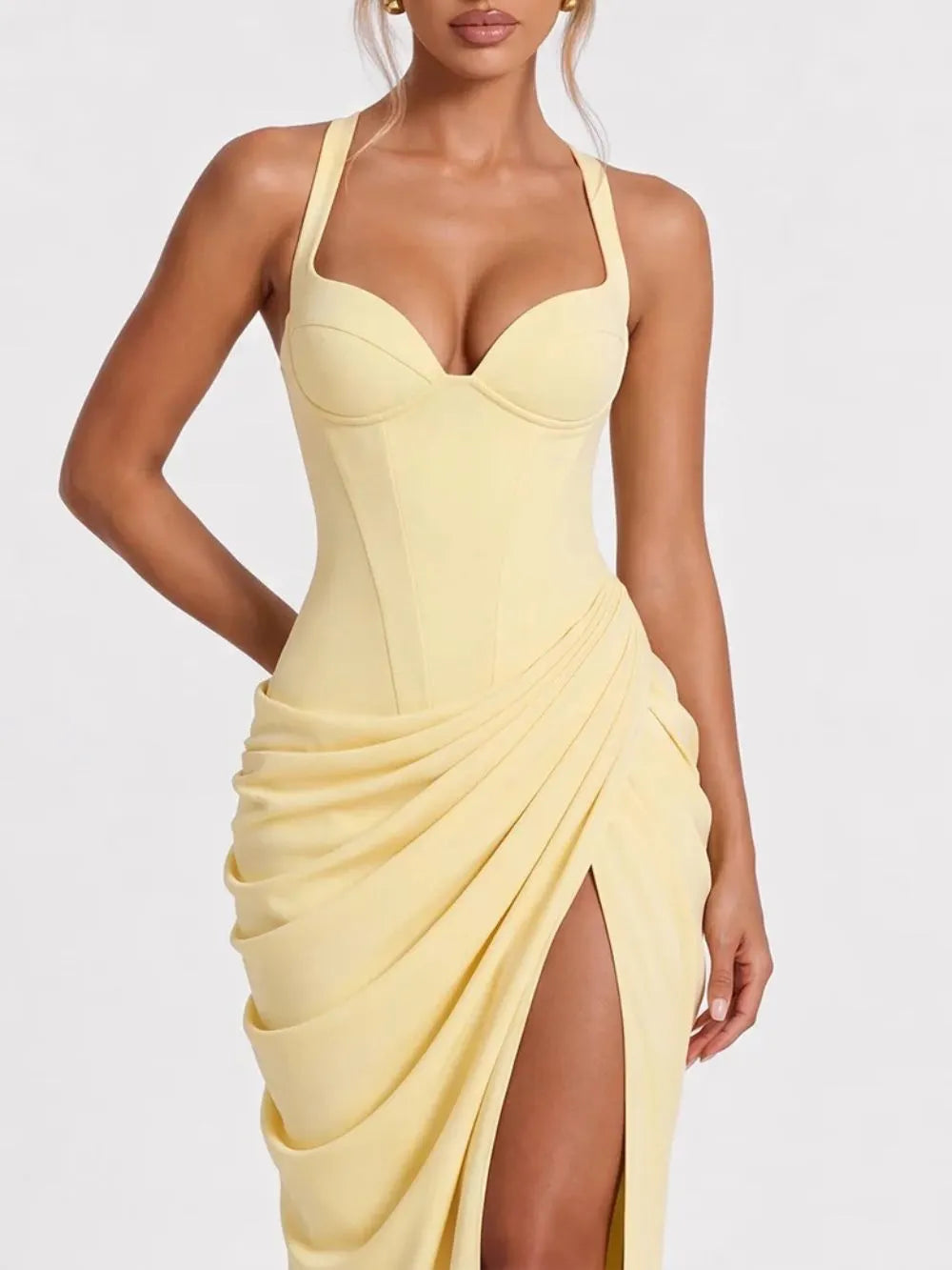 Fujiye Halterneck Split Ruched Maxi Dress Flowering Girl