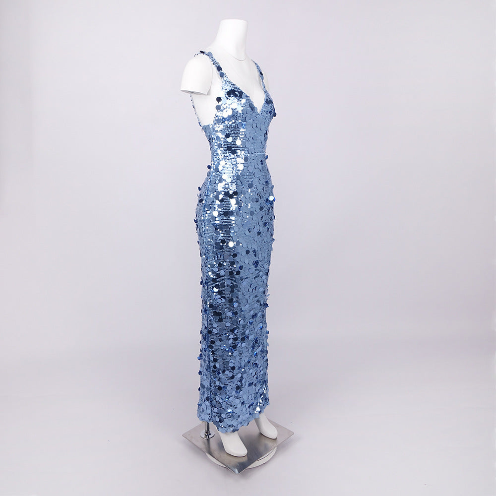 Roberta Deep V-Neck Sequin Column Gown In Blue Flowering Girl