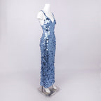 Roberta Deep V-Neck Sequin Column Gown In Blue Flowering Girl