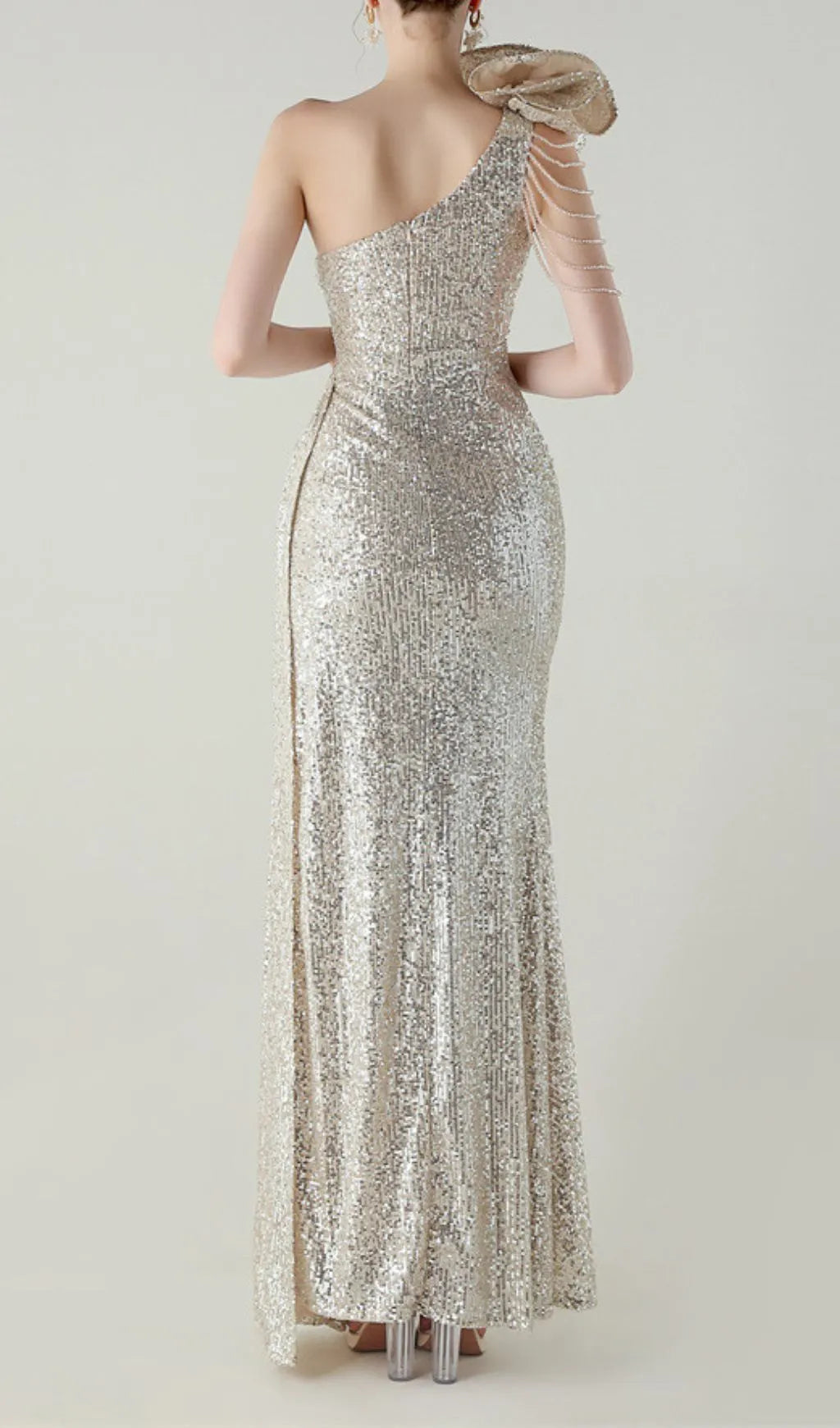 Ikia Silver One-Shoulder Sequin Maxi Dress Flowering Girl