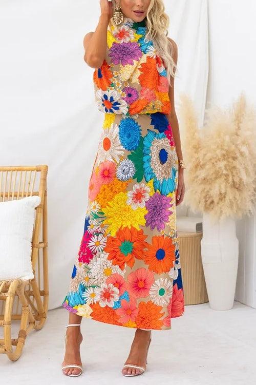 Sleeveless Tie Neck Waisted Floral Print Maxi Dress Flowering Girl