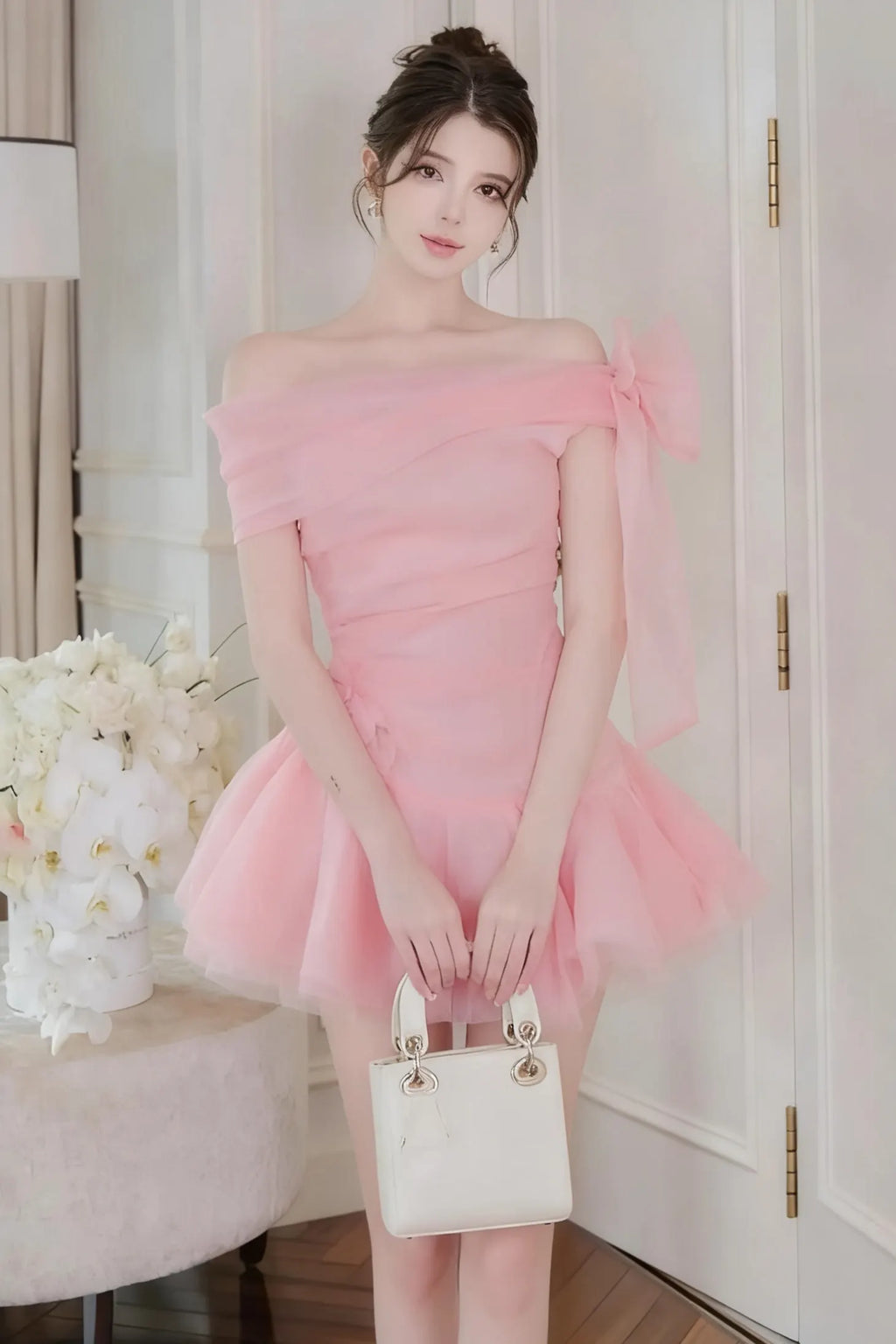 Ellen Off-Shoulder Mesh Tulle Tutu Mini Dress In Pink Flowering Girl