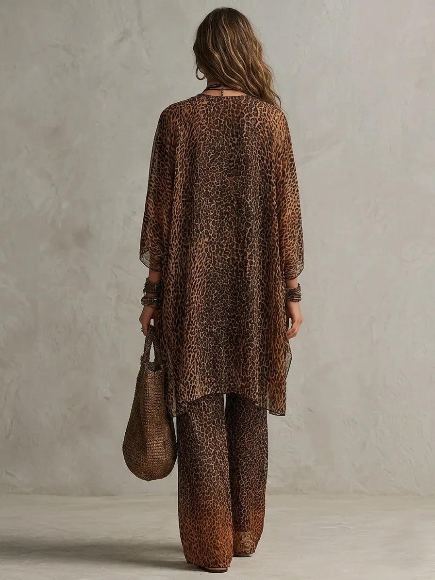 Bohemian Gradient Leopard Print Flowing Robe Three-piece Set Flowering Girl