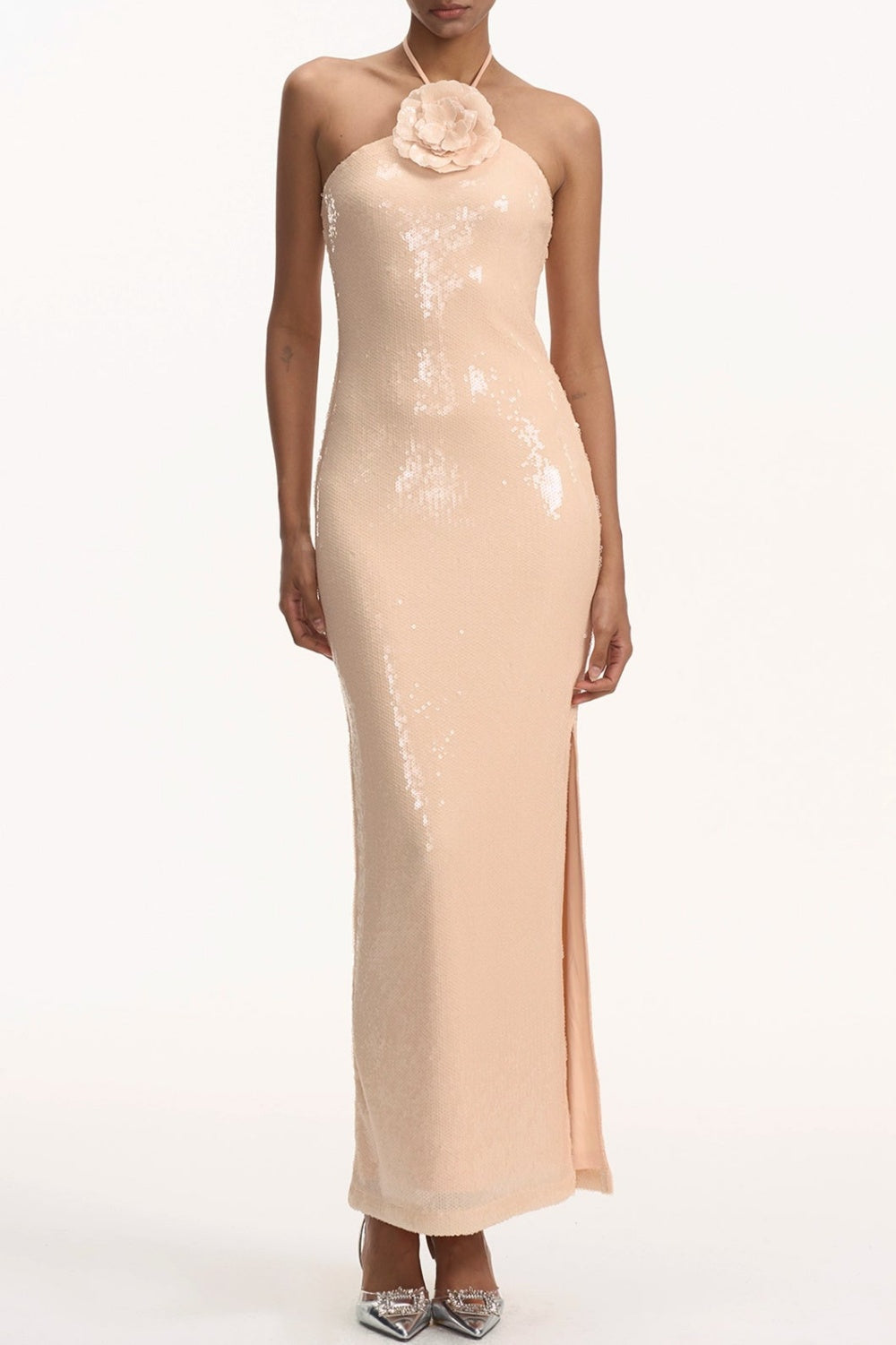 Vidonia Halter Floral Sequin Maxi Dress - Nude Flowering Girl