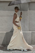 Stephanie Cutout Waist Halter Maxi Dress In Beige Flowering Girl