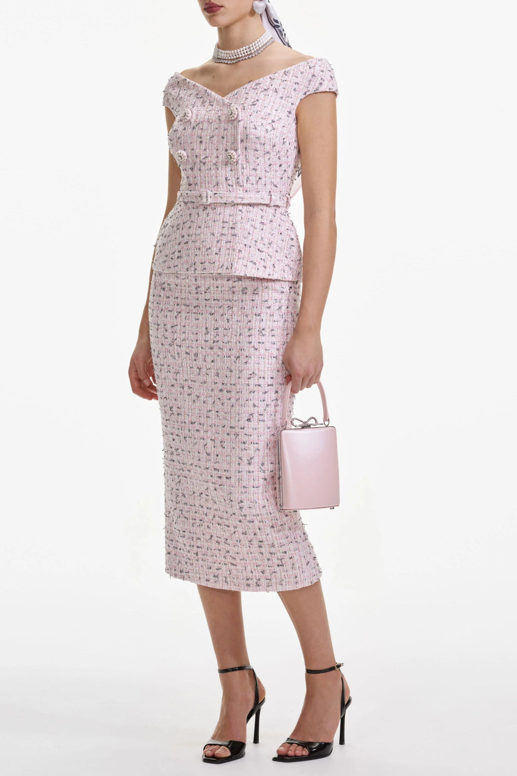 Pink Boucle Pearl Midi Dress Flowering Girl