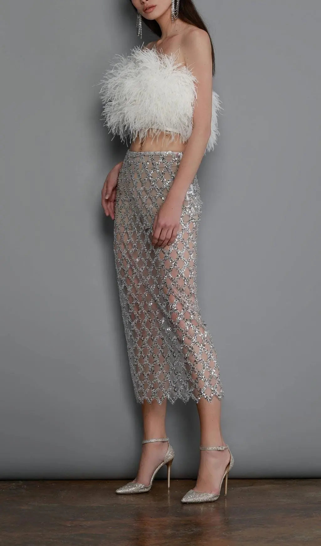 Feather Sequin Two Piece Set In White Flowering Girl