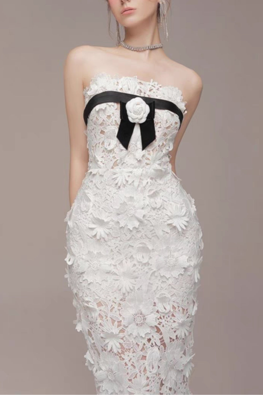 Strapless Flower Embroidery Maxi Dress In White Flowering Girl