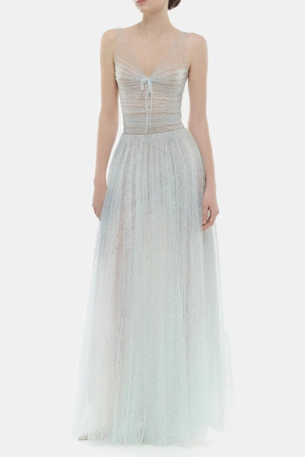 Monica Blue Draped Tulle Fishbone Maxi Dress Flowering Girl