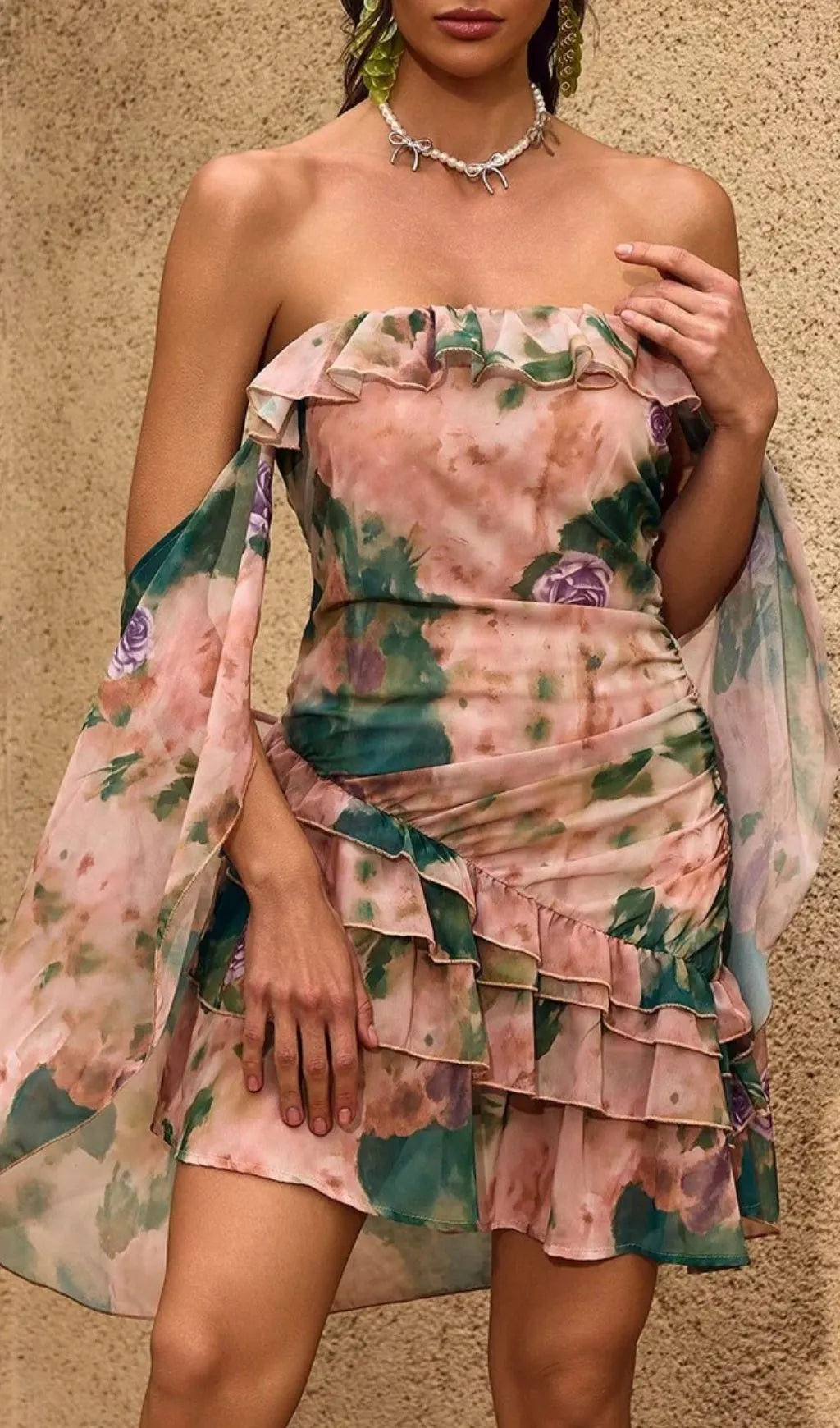 Chelan Cape Ruffle Floral Mini Dress Flowering Girl