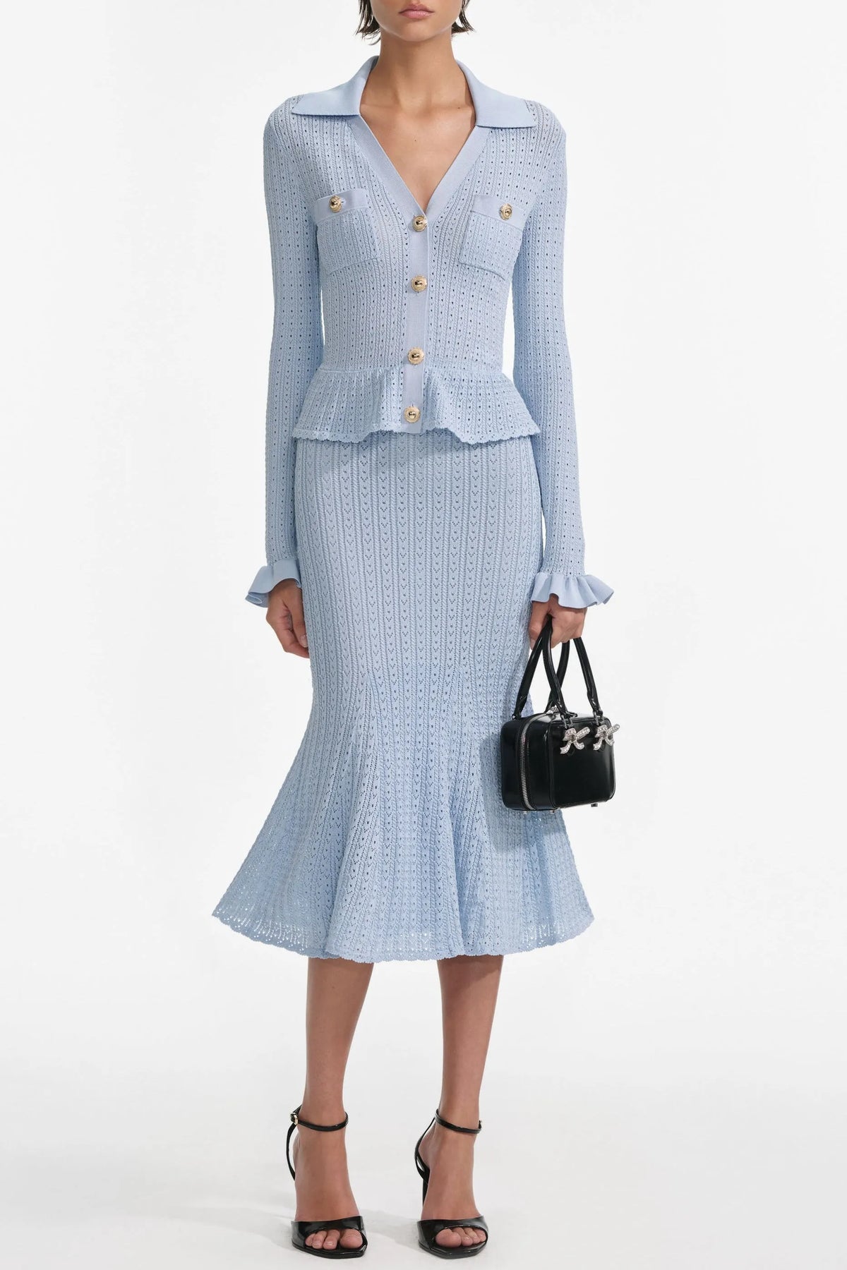 Lillian Blue Pointelle Peplum Knit Midi Dress Flowering Girl