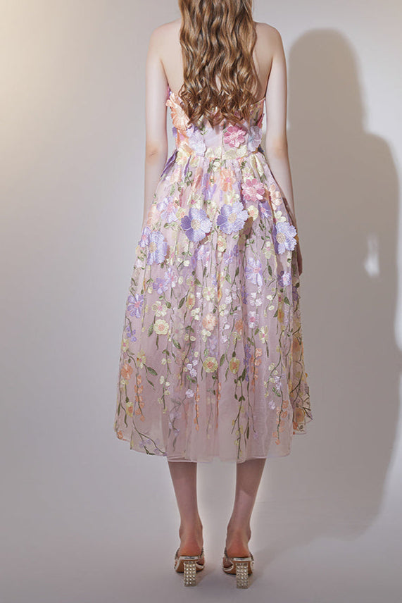 Anna Floral Embroidery Midi Dress In Pastel Pink Flowering Girl