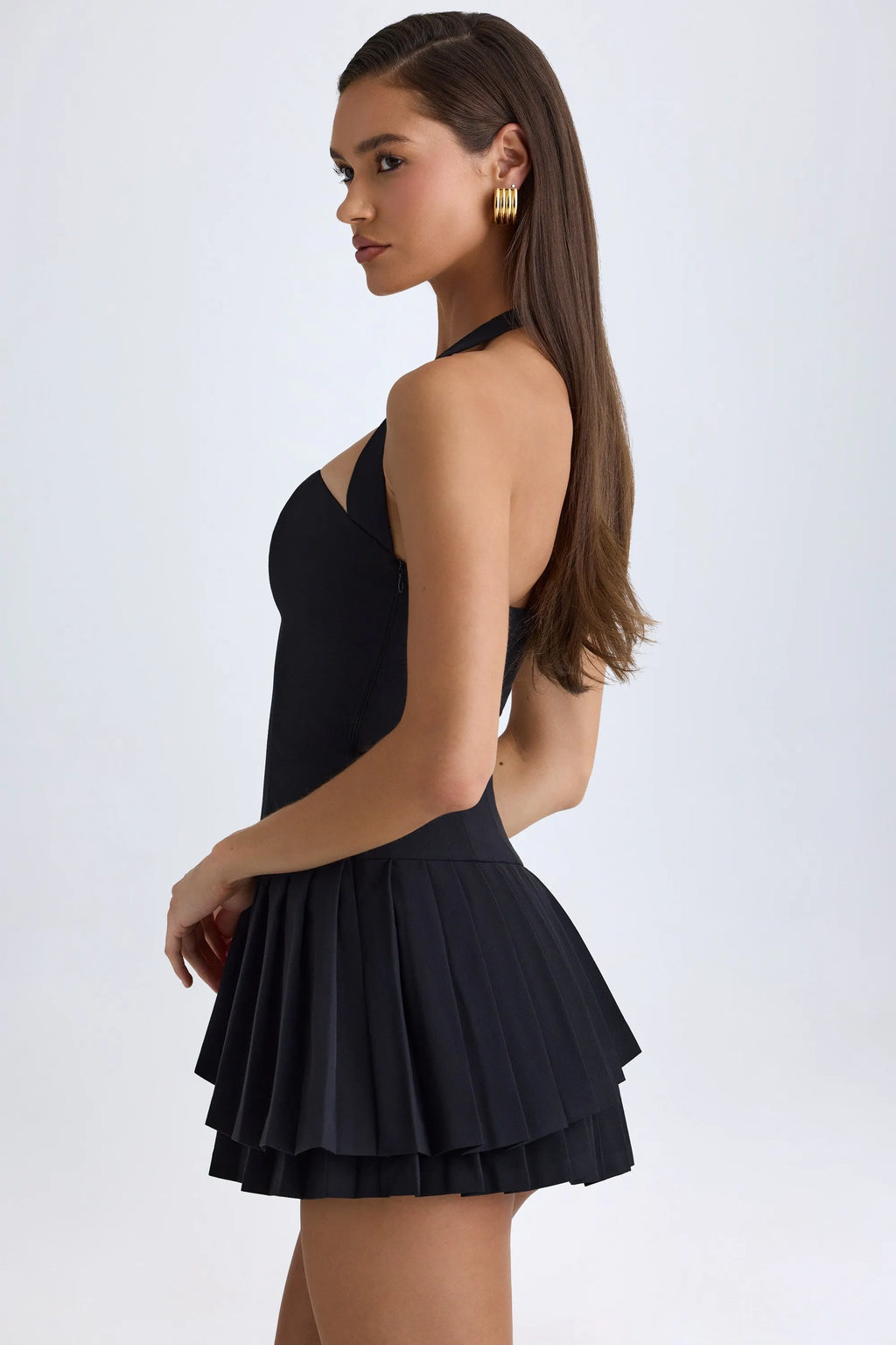 Asymmetric Layered Halterneck Mini Dress In Black Flowering Girl