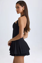 Asymmetric Layered Halterneck Mini Dress In Black Flowering Girl