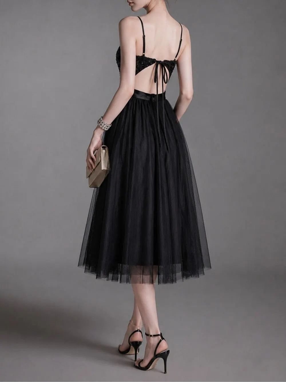 Maureen Black Spaghetti Mesh Midi Dress Flowering Girl