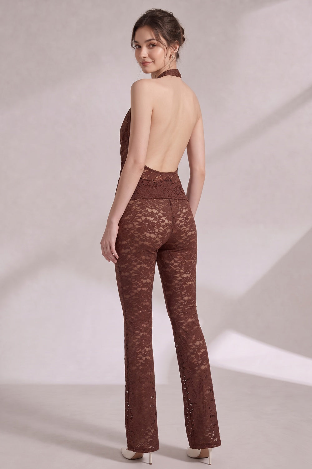 Chocolate Brown Lace Fitted Halter Top With Cowl Neck; Slim-Fit Pants Flaring From The Knee Two-Piece Set (halter top and matching pants) Flowering Girl