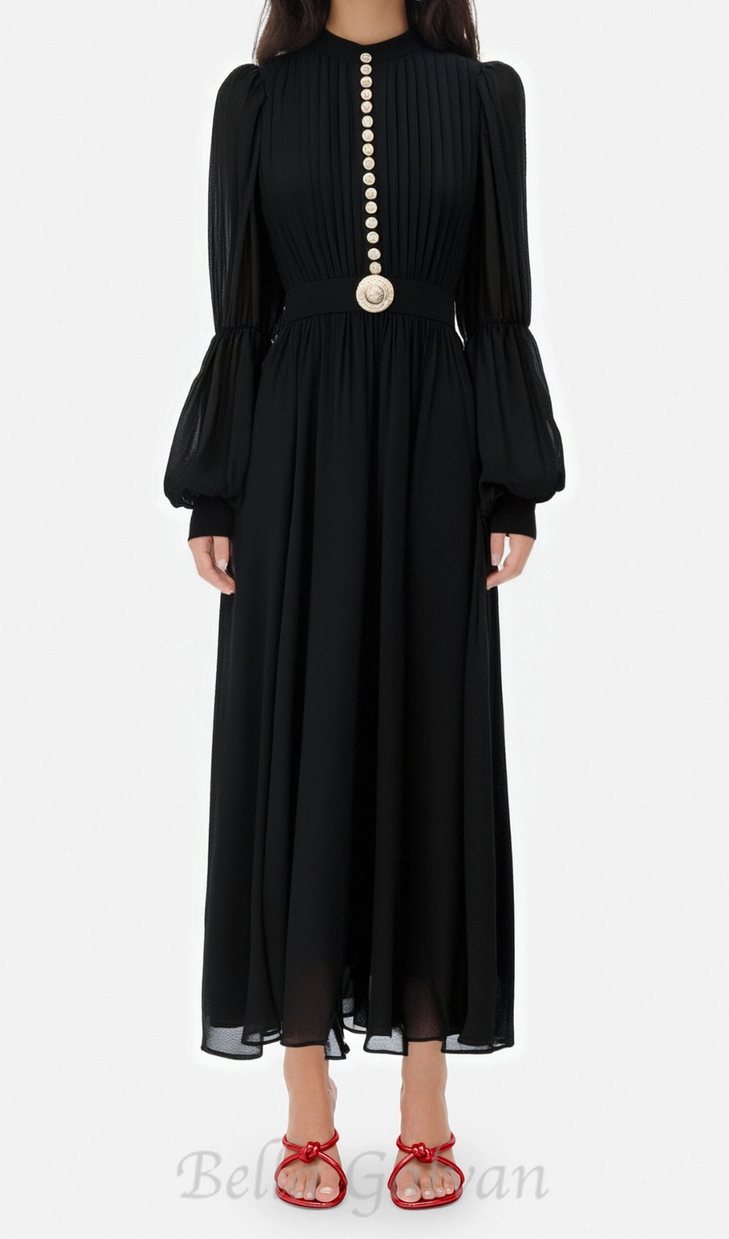 Lantern sleeve silk midi dress in black Flowering Girl