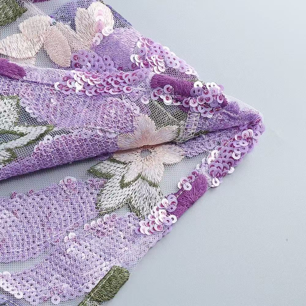 Elara Floral Sequin Embroidered Strapless Maxi Dress - Purple Flowering Girl