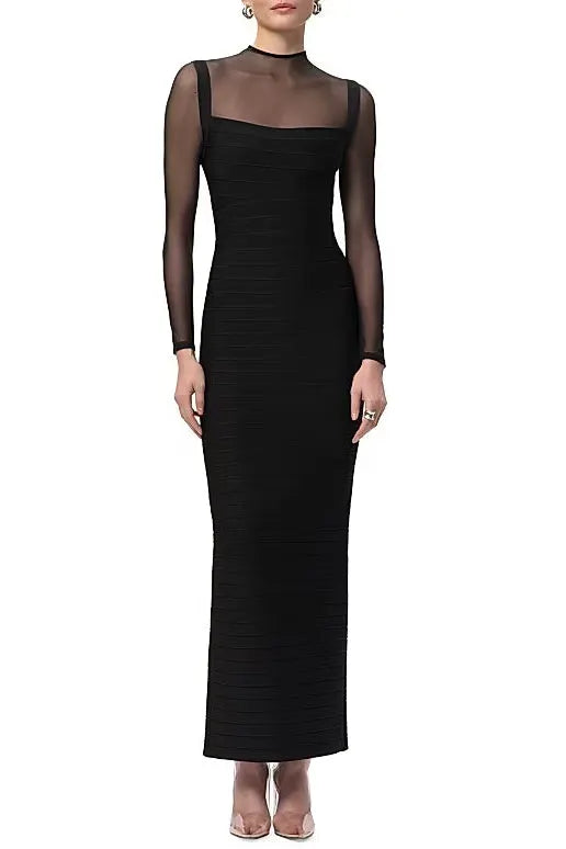 Tina Black Long-Sleeve Mesh See-Through Bandage Maxi Dress Flowering Girl