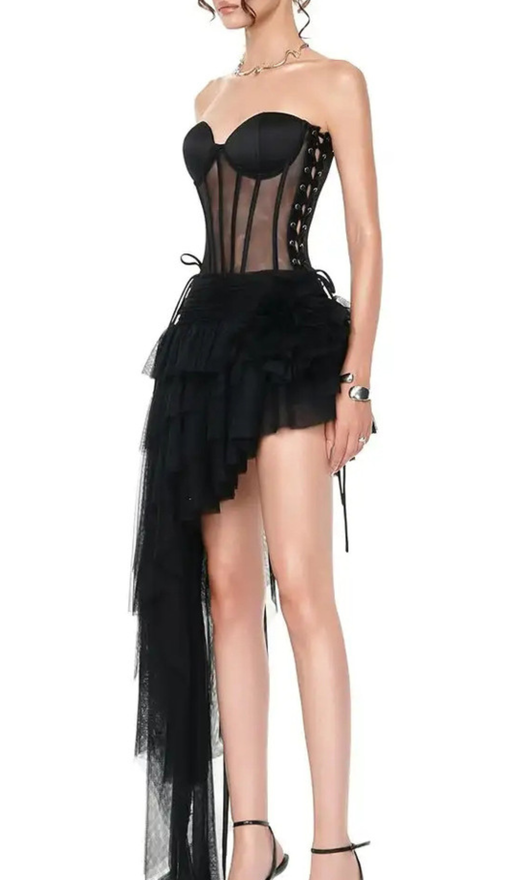 Gaetana Black Corset Top & Irregular Mesh Skirt Set Flowering Girl