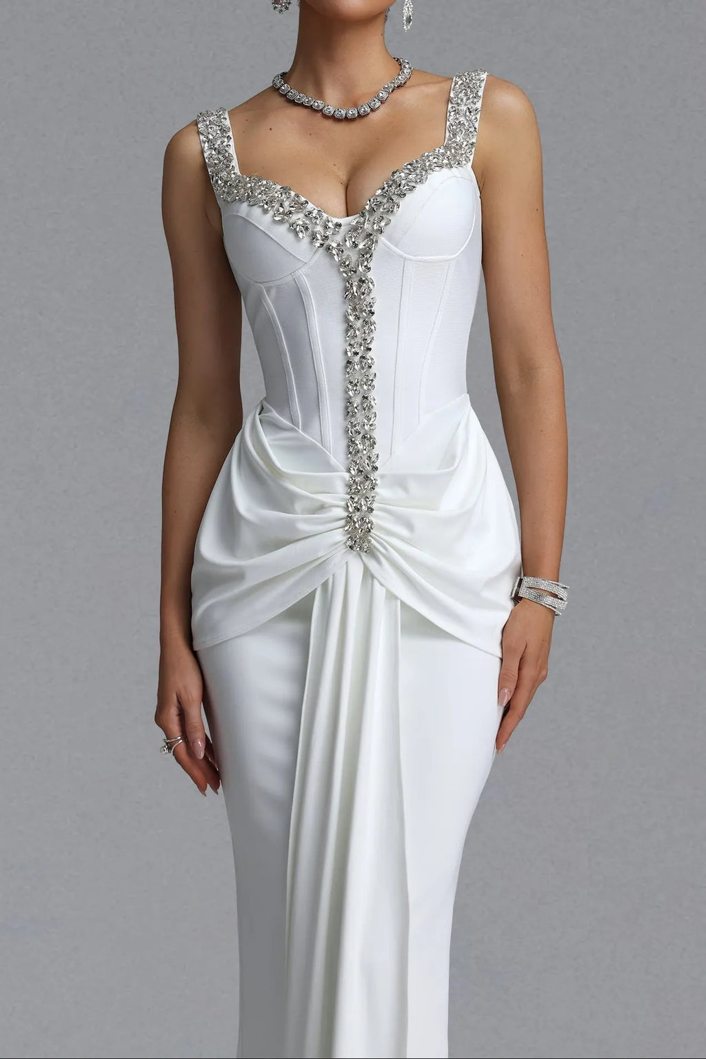 Rhinestone Trim Corset Draped Mermaid Maxi Dress Flowering Girl