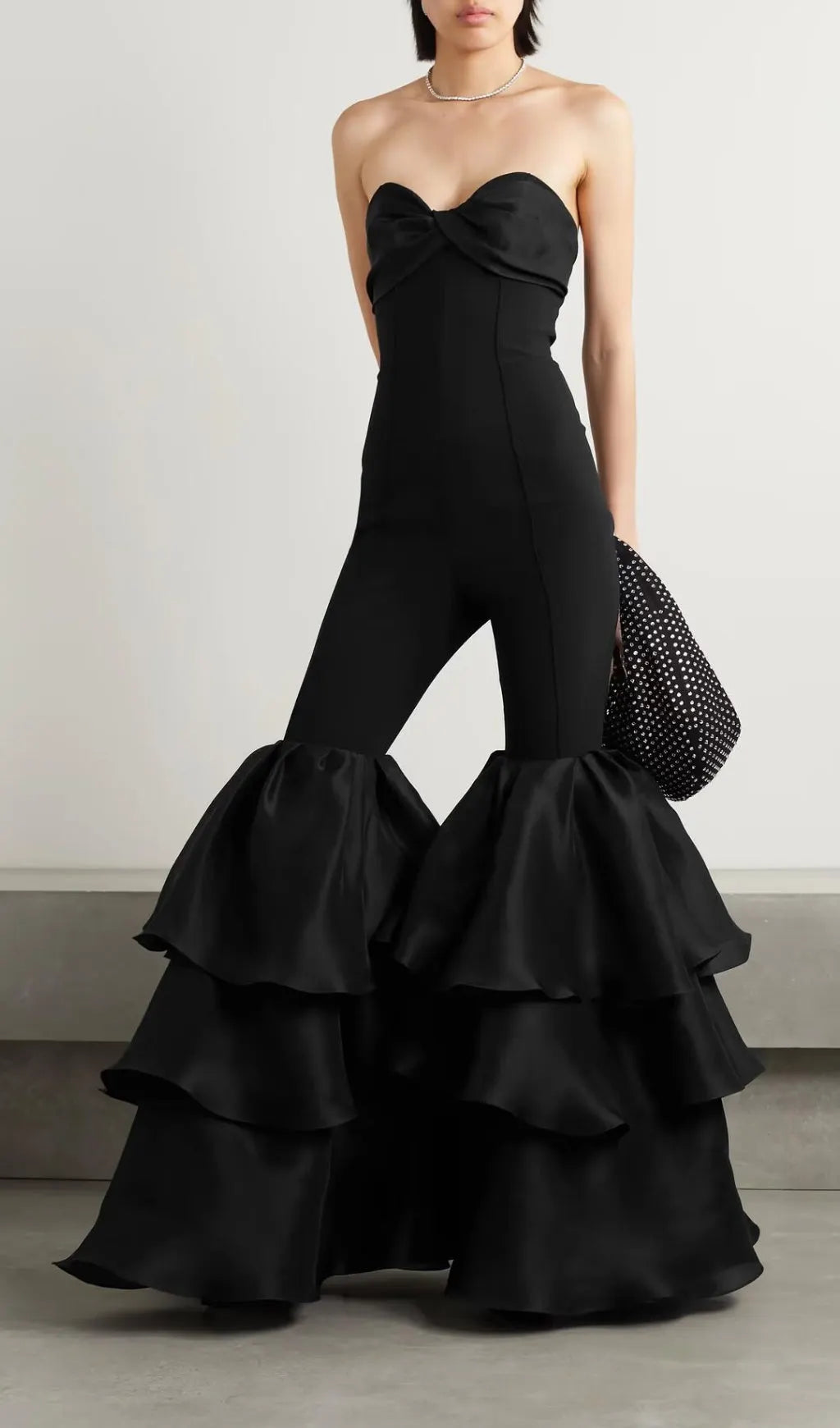 Black Strapless Jumpsuit With Tiered Ruffle Hem