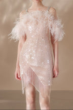 Priscilla Sequin Feather Crystal-Strap Mini Dress In Pink Flowering Girl